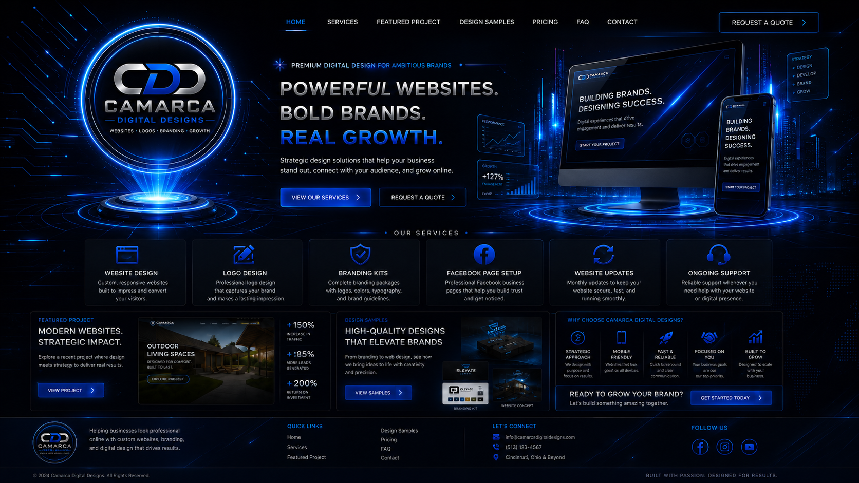 Camarca Digital Designs futuristic homepage with large glowing logo, services, featured project, samples, and quote buttons.